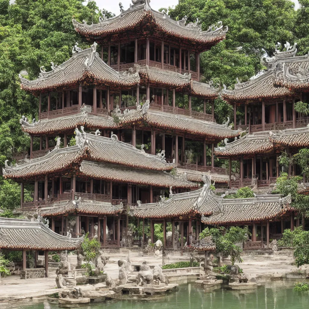 Prompt: ancient vietnam three storey pavillion beside a pool, ly dynasty architecture style, high detail
