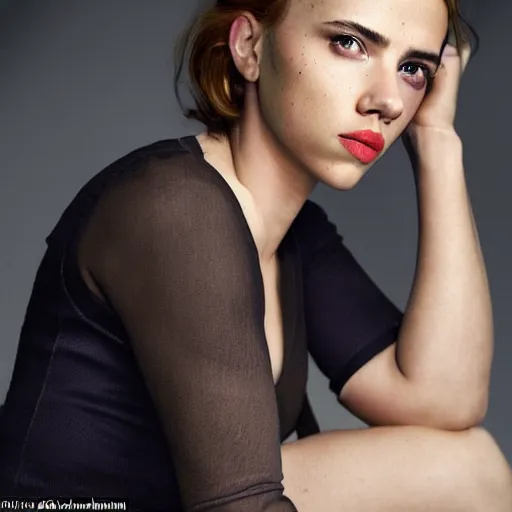 Image similar to a woman who is a genetic combination of scarlett johansson and emma watson face and upper - body focus