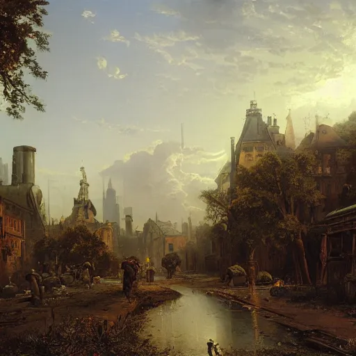 Prompt: post apocalyptic frankfurt city streets, overgrown, landscape, romanticism by andreas achenbach