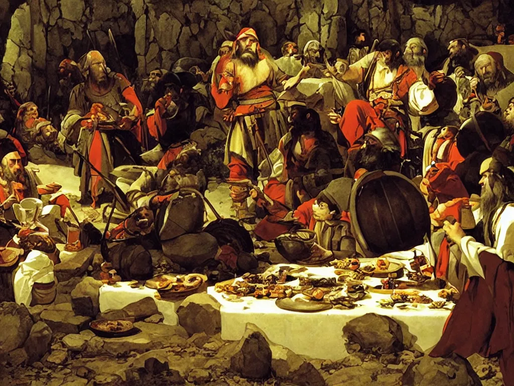 Image similar to dwarves having a feast in moria, ferns. painting by georges de la tour