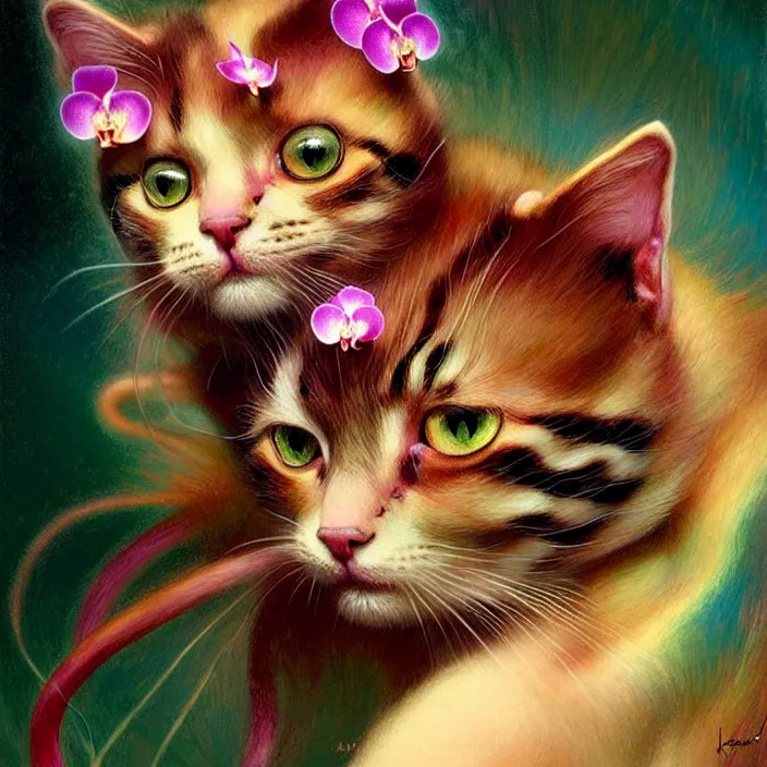 Image similar to psychedelic kitten made of orchid, diffuse lighting, fantasy, intricate, elegant, highly detailed, lifelike, photorealistic, digital painting, artstation, illustration, concept art, smooth, sharp focus, art by John Collier and Albert Aublet and Krenz Cushart and Artem Demura and Alphonse Mucha