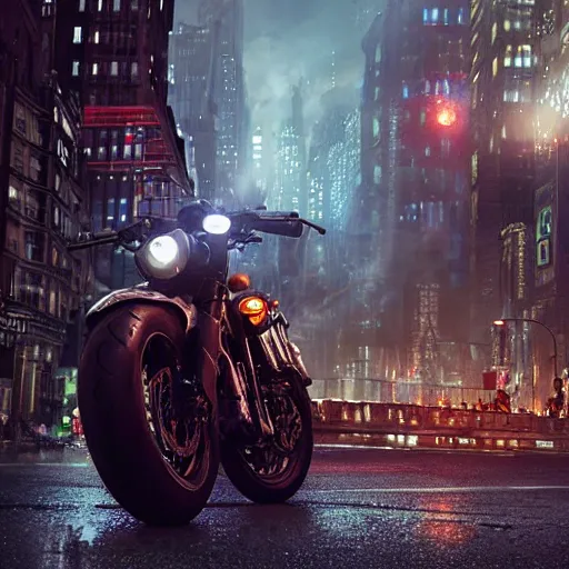 Prompt: motorcycle in gotham city, beautiful dynamic lighting, cinematic, wide angle establishing shot, extremely high detail, photo realistic, cinematic lighting, post processed, concept art, artstation, matte painting, style by Jakub Rozalski , unreal engine 8k