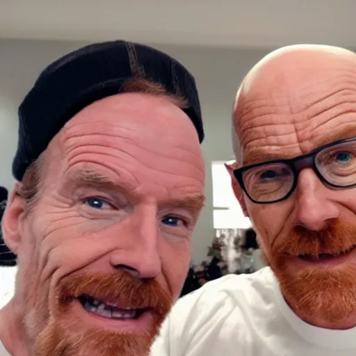 Prompt: A still of Jerma taking a selfie with Bald Bryan Cranston with a goatee in Albuquerque, New Mexico with a yellow filter, real life, hyperrealistic, ultra realistic, realistic, highly detailed, epic, HD quality, 8k resolution, body and headshot, Trending on Artstation, very realistic