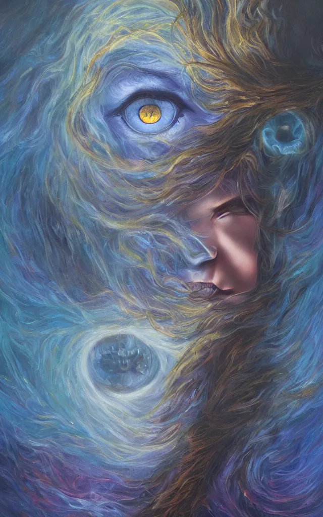 Image similar to iridescent spirit of wrath and fear cruel beautiful spirit with golden eyes lunar mythos ambient fog, award winning oil painting, lunar color palette