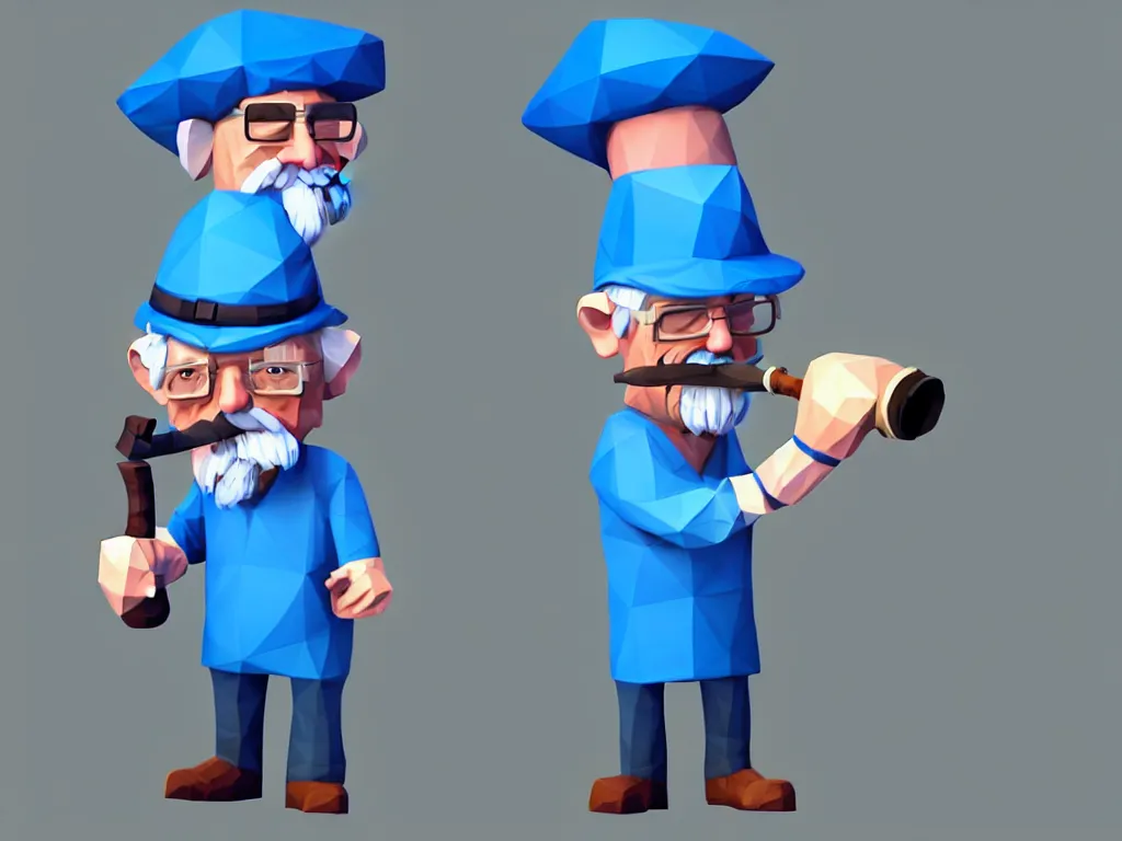 Prompt: an old man in a blue hat holding a pipe, rolled up sleeves, character design, low poly, pinterest, 4 k
