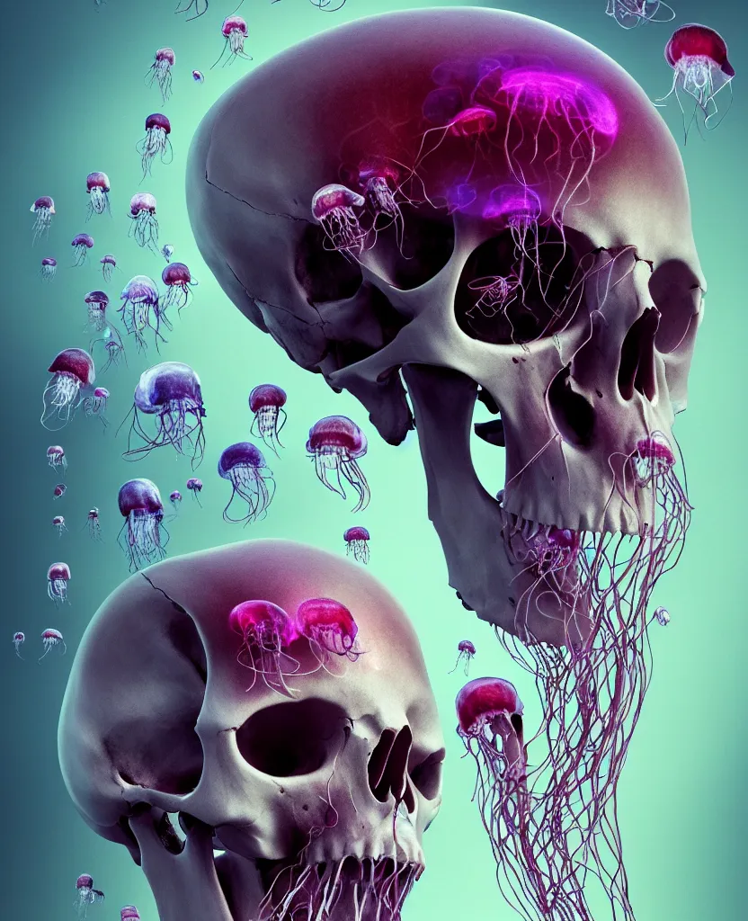 Prompt: composition of human skulls, animals skulls, bones, rib-cage. jellyfish phoenix head, nautilus, orchid, skull, betta fish, bioluminiscent creatures, intricate artwork by Tooth Wu and wlop and beeple. octane render, trending on artstation, greg rutkowski very coherent symmetrical artwork. cinematic, hyper realism, high detail, octane render, 8k