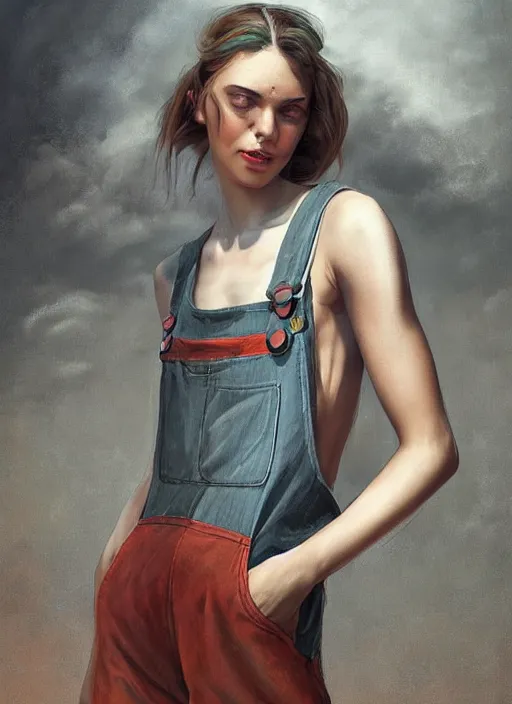 Image similar to digital _ painting _ of _ girl in tank top and overalls _ by _ filipe _ pagliuso _ and _ justin _ gerard _ symmetric _ fantasy _ highly _ detailed _ realistic _ intricate _ port