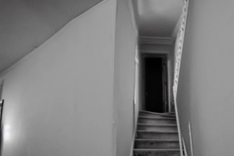 Image similar to standing at the top of stairs in a house, looking down over the shoulder at the ghost of a man at the bottom