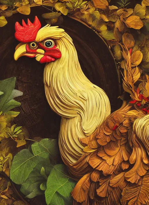 Image similar to masterpiece beautiful seductive flowing curves rooster portrait amongst leaves, extreme close up shot, thick set features, yellow ochre ornate medieval dress, laying amongst foliage mushroom forest circle arch, frederic leighton and kilian eng and rosetti, 4 k
