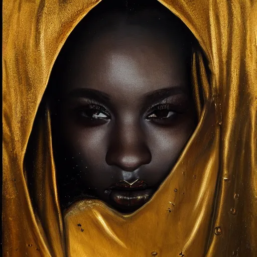 Image similar to a portrait of a young black woman wearing a long dark cloak, hood and shadows covering face, holding golden chains, oil painting, matte painting, black background, Volumetric Golden dappled dynamic lighting, Highly Detailed, Cinematic Lighting, Unreal Engine, 8k, HD, by Beksinski