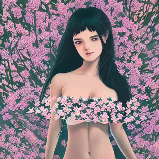 Image similar to girl wearing an bikini made of white flowers, art made by ilya kuvshinov,