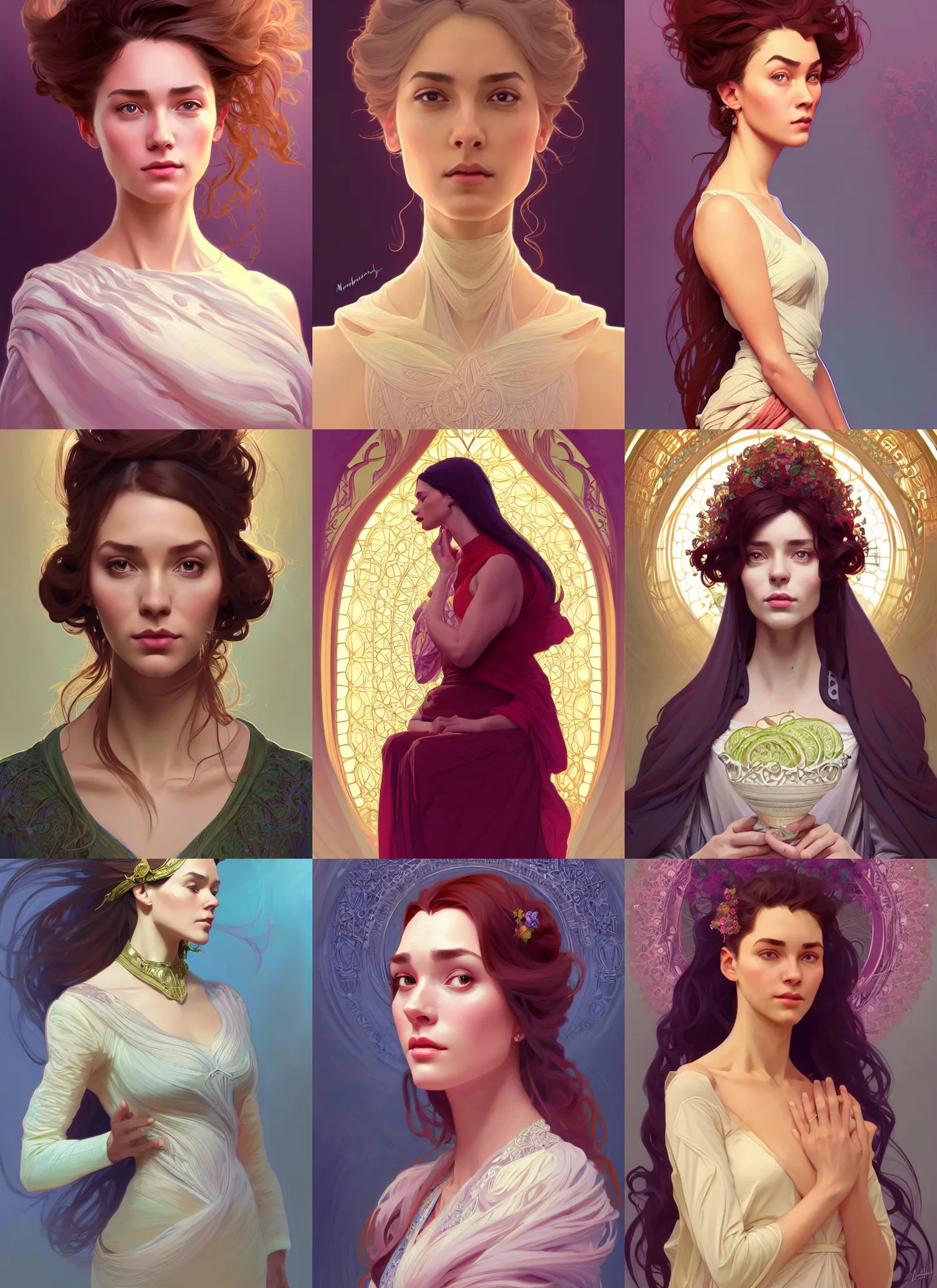 Prompt: character concept portrait of me as modest wife blessed by god to grow ever more intelligent beautiful voluminous muscular tall healthy and virtuous. modestly clothed, intricate, elegant, highly detailed, digital painting, artstation, concept art, symmetry, smooth, sharp focus, illustration, art by mandy jurgens and alphonse mucha and alena aenami