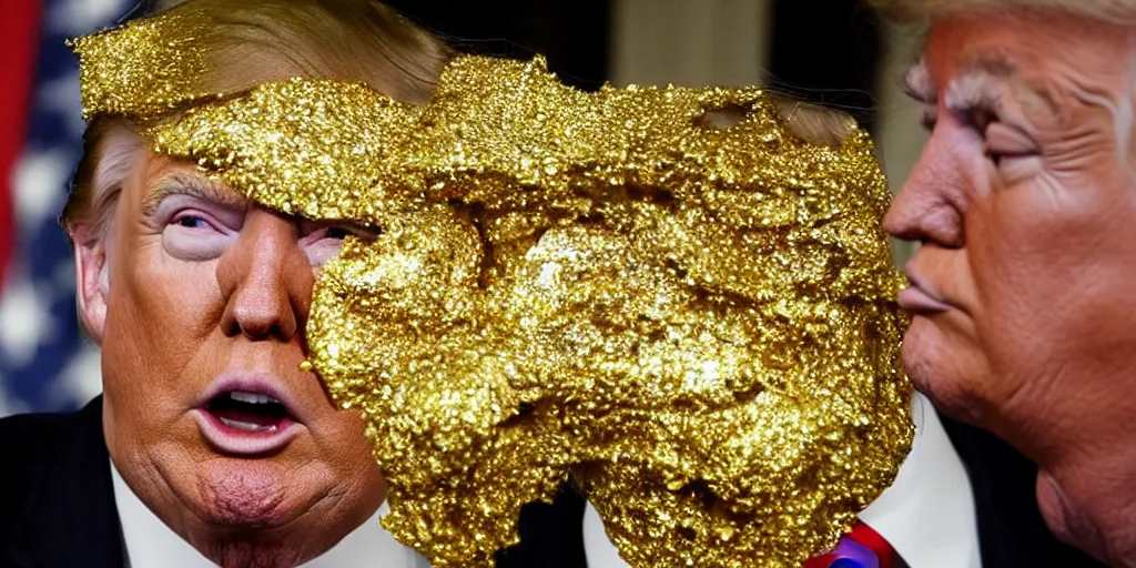 Prompt: Donald Trump covered in gold and diamonds at a press briefing AP news photo