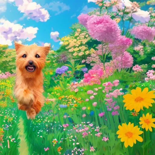 Prompt: A blond Norfolk terrier running and jumping through a field of beautiful flowers in the style of Studio Ghibli, anime, very happy, detailed, award winning