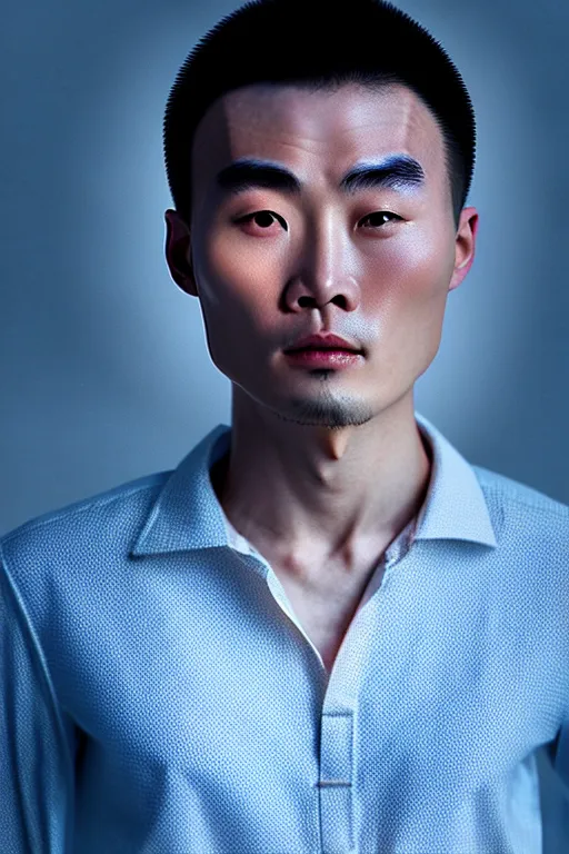 Image similar to high quality 35mm photo handsome expressive chinese man with translucent skin highly detailed eric zener elson peter cinematic blue lighting high angle hd 8k sharp shallow depth of field