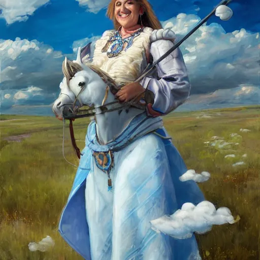 Prompt: a smiling waving woman from the cloud tribe, cumulus cloud tattoos, sky blue and white color scheme, background plains with horse and cart, fantasy character portrait by Michael Garmash, Donato Giancola