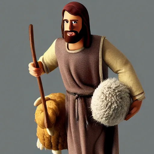 Prompt: jesus, first century man, hebrew clothes, carrying sheep over shoulder, very detailed, realistic, pixar, rim - light