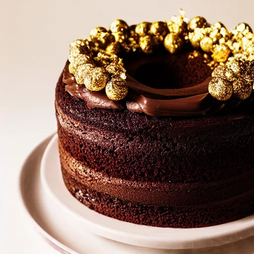 Image similar to a photo of the most delicious chocolate cake mankind has ever seen, gold sprinkles, studio lighting, 8 0 mm lens, ultra detailed, hyper realistic, realistic materials