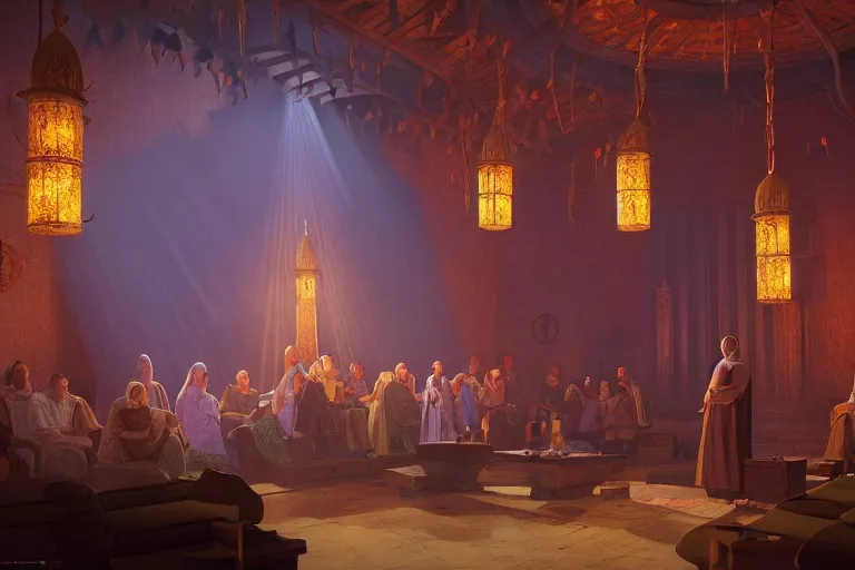 Image similar to cultist secret meeting taking place in an art deco townhall in a oriental medieval fantasy village. incredible voluminous indirect soft glow cinematic lighting, hyperdetailed features, movie still, intricate, octane render, unreal engine, crepuscular rays, god rays, by beeple and rhads and donato giancola