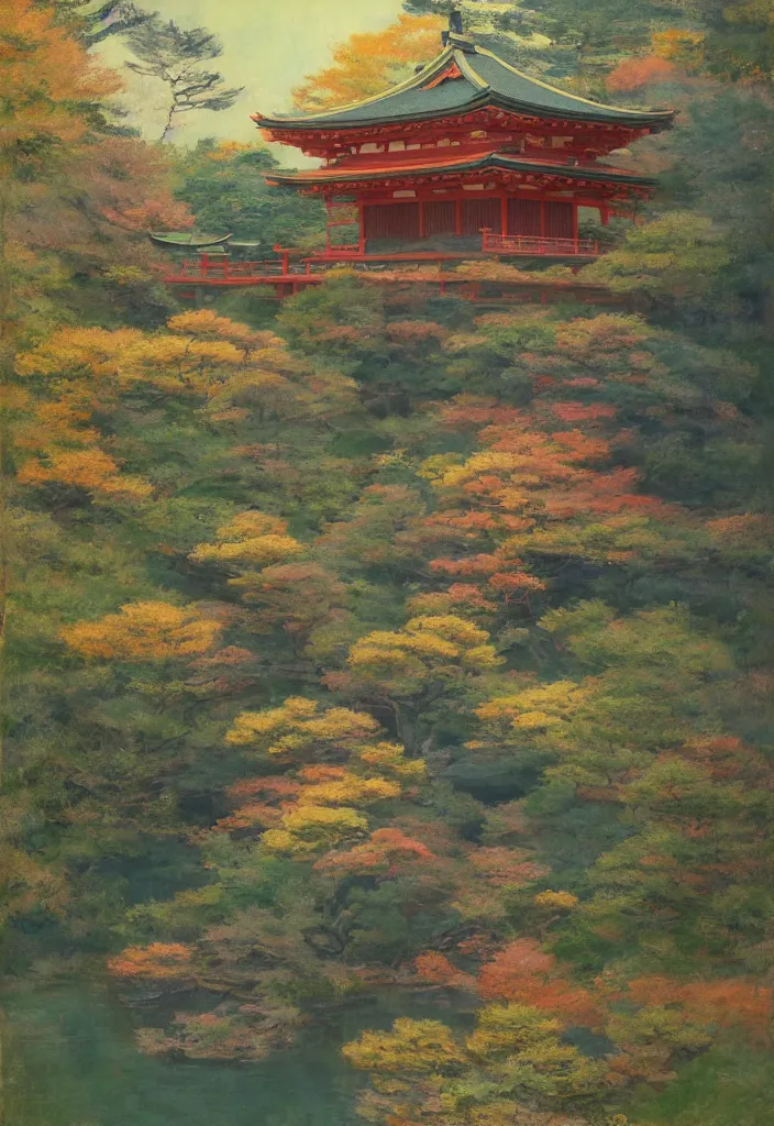 Image similar to a japanese temple in the mountain. gorgeous epic nature. yokai walking around, lofi, vivid colors, amazing light, by jeremy lipkin, by claude monet, heavily inspired by makoto shinkai, kandinsky touches, inspired by ghibli, masterpiece, multiple brush strokes, impressionist style