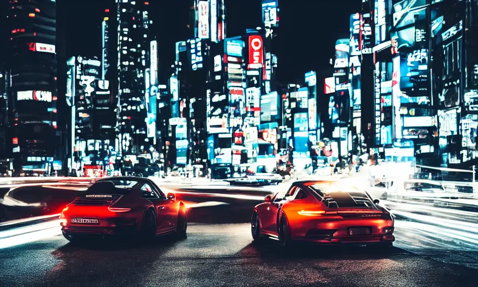 Image similar to photo of a porsche 911 at night drifting through a city, cinematic, 4k, long exposure photography, tokyo drift, fast and furious, film still, night photography, motion blur, lens flare, movie shot, light trail, distortion, wide angle, reflections