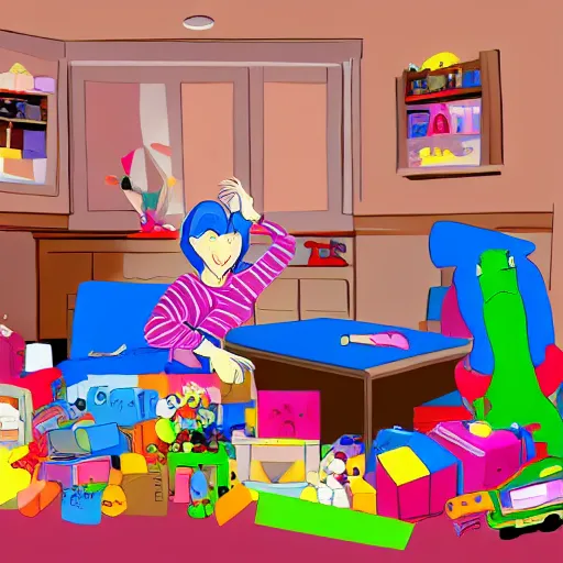 Image similar to a painted cartoonish scene, an open suitcase sits on a table, the open suitcase contains a vast pile of toys, the pile of toys rises all the way to the ceiling, the pile of toys blocks the background, a woman stands next to the table and suitcase, the woman holds more toys