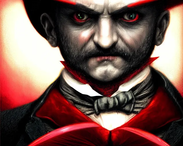 Image similar to closeup profile portrait of jack the ripper with glowing red eyes and bat wings, nicoletta ceccoli, mark ryden, lostfish, max fleischer, hyper realistic, artstation, illustration, digital paint, matte paint, vivid colors, bright, cheerful, detailed and intricate environment