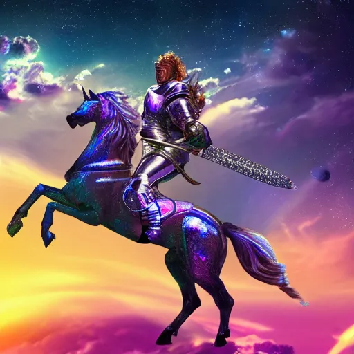 Image similar to A knight holding a sword while riding in a Pegasus through the galaxy, vaporwave, 4K