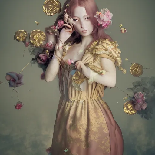 Image similar to 8k, octane render, realism, tonalism, renaissance, rococo, baroque, portrait of a young lady wearing long harajuku manga dress with flowers and skulls, background chaotic gold leaf flowers