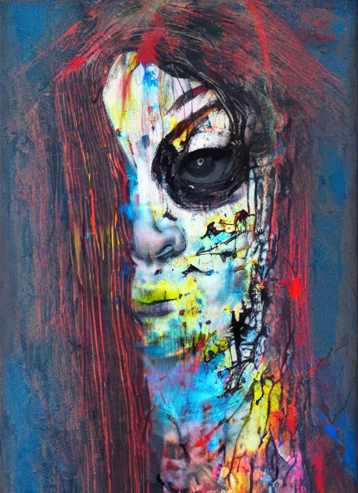 Prompt: brutal black clothes, full frame girl with white eyes, grotesque, doomed, acrylic paint, high resolution gouache on canvas, ugly vibrant colors, glitch, grotesque, wrapped blue background, art francis bacon