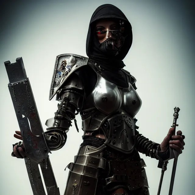 Prompt: cyberpunk armoured nun warrior with holy weapons, highly detailed, 8 k, hdr, smooth, sharp focus, high resolution, award - winning photo