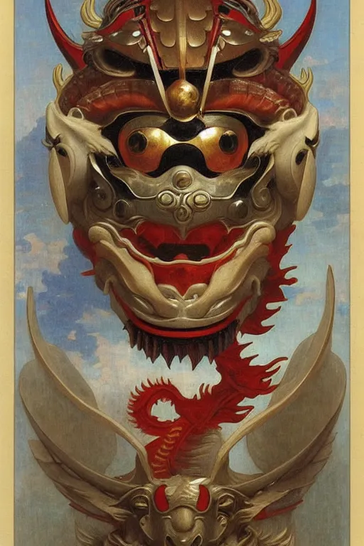 Prompt: a astronaut his face is chinese dragon head, in armor and chinese dragon helmet, by bouguereau