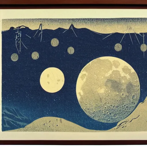 Image similar to japanese woodblock print of the moon landings