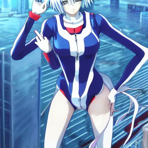 Image similar to anime art, anime fullbody shot of female rei ayanami, long blue hair and large eyes, finely detailed perfect face, in a modern skintight plugsuit, laying on a rooftop, flooded metropolis in ruins, red sea, trending on pixiv fanbox, evangelion, extremely high quality artwork by ilya kuvshinov