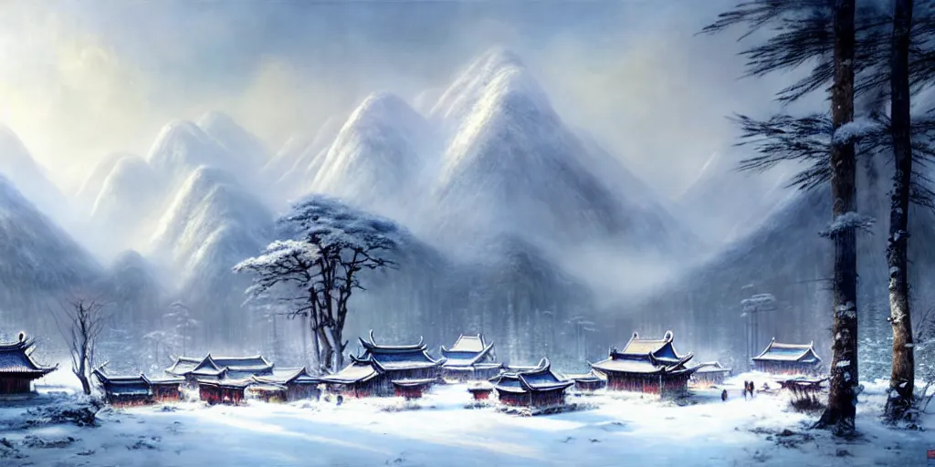 Prompt: beautiful chinese forest and a alaskan tundra snow covered landscape, with a quant village peaceful painted by greg rutkowski, makati shinkai, james gurney, wlop