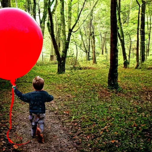 Prompt: little boy walking in the woods at night, scary, red balloon floating in the background