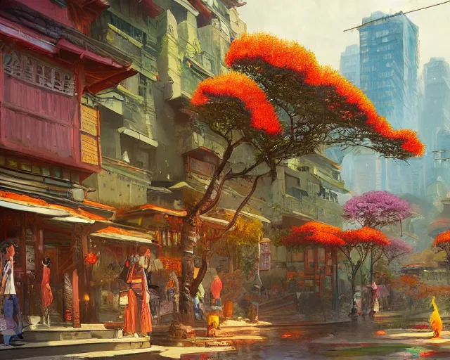 Prompt: street-level view of a beautiful, colorful kitsune city, bamboo, flowers, anime, fox people, a fantasy digital painting by Greg Rutkowski and James Gurney, trending on Artstation, highly detailed