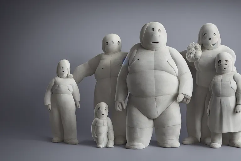 Image similar to alabaster sculpture of the Bibendum family portrait model illuminated from behind, Michelin Man family portrait, luminescence scattered light, sculpture, photograph, studio lighting, product photography, while marble, figurine, cryengine,