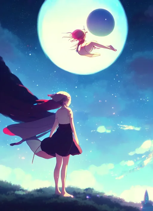 Image similar to girl floating on the night sky, gaint planet in the background, illustration concept art anime key visual trending pixiv fanbox by wlop and greg rutkowski and makoto shinkai and studio ghibli