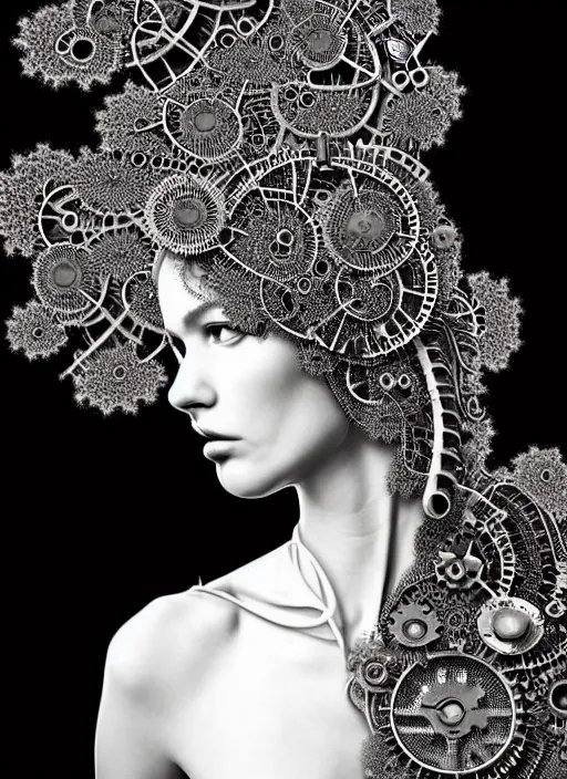 Image similar to surreal black and white photo portrait of complex bio-mechanical beautiful young female vegetal-cyborg with a Mandelbrot fractal steampunk metal fine lace face, a very long neck and a fine metal floral foliage super big lace collar by Alexander McQueen:: high fashion, haute couture, rococo, steampunk, silver filigree details, anatomical, facial muscles, cable wires, microchip, elegant, dreamy, foggy, hyper realistic, 150 mm lens, soft rim light, octane render, unreal engine, picture was taken in 1910 by Dora Maar, volumetric lighting, dramatic light,8k,