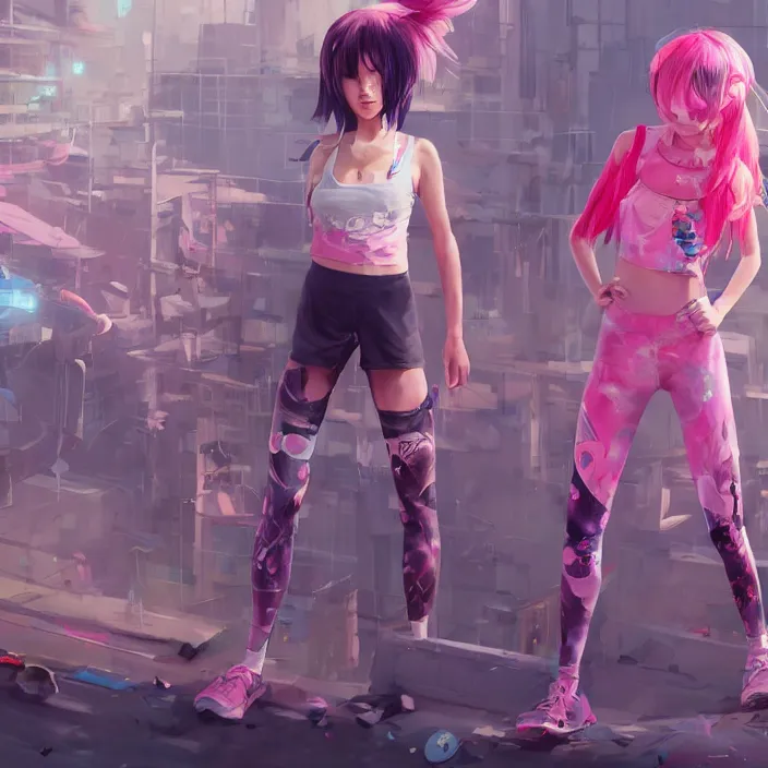 Prompt: a beautiful fullbody portrait of a cute anime girl with pink hairs barefoot wearing sport clothing and leggings under shorts in cyberpunk city. character design by cory loftis, fenghua zhong, ryohei hase, ismail inceoglu and ruan jia. artstation, volumetric light, detailed, photorealistic, fantasy, rendered in octane, rim light