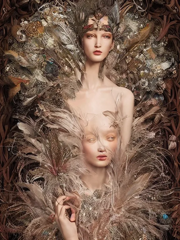 Image similar to realistic 3d character render of a beautiful model in the bergdorf goodman windows, veiled, embellished sequined,feather-adorned,by tom bagshaw,Cedric Peyravernay,Peter Mohrbacher,William Holman Hunt,William Morris,Catherine Nolin,metropolis,Gucci,Dior,trending on pinterest,maximalist,glittering,feminine