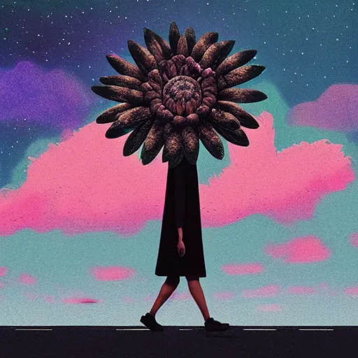 Image similar to giant daisy flower head, woman walking in a modern city, surreal photography, night sky, dark, stars, impressionist painting, digital painting, artstation, simon stalenhag