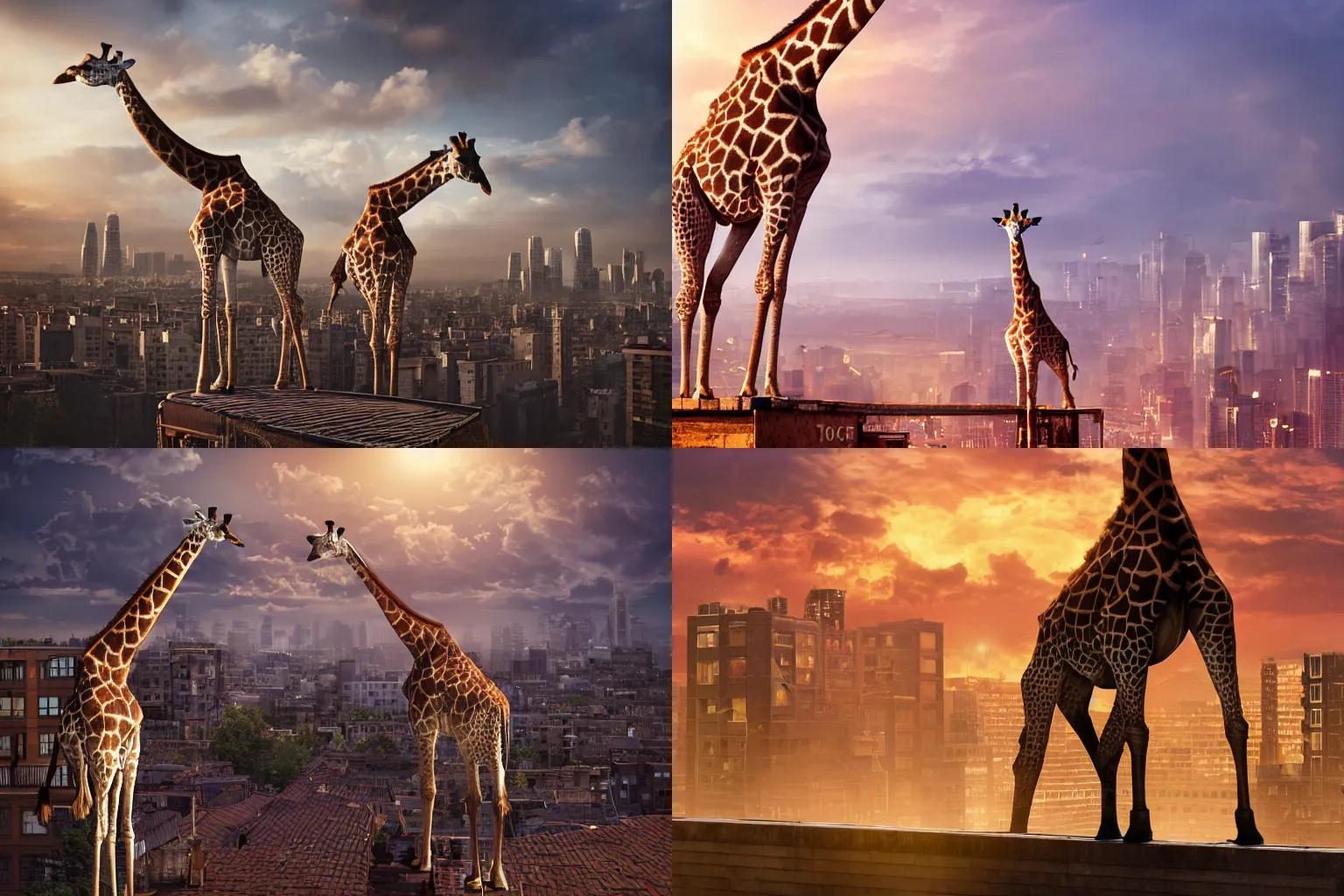 Prompt: giraffe on the rooftop - stock photo, intricate, epic lighting, cinematic composition, hyper realistic, 8 k resolution, unreal engine 5, by artgerm, tooth wu, dan mumford, beeple, wlop, rossdraws, james jean, andrei riabovitchev, marc simonetti, yoshitaka amano, artstation