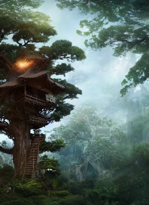 Image similar to beautiful mutlilevel wooden tree house tower in a gnarly bonsai in a ancient forrest, tree house city, ropes, dynamic lighting, cinematic, establishing shot, extremly high detail, foto realistic, cinematic lighting, post processed, concept art, artstation, matte painting, style by ghibli, myazaki