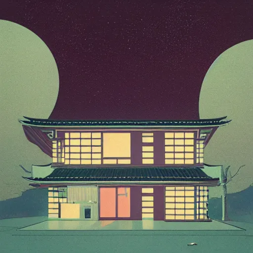 Prompt: a vinyl on a 8 0 s japanese house by inio asano, beeple and james jean, aya takano color style, 4 k, super detailed, night sky, digital art, digital painting, celestial, majestic, colorful