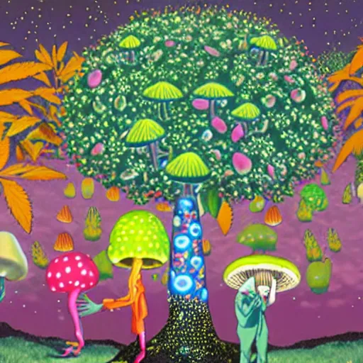 Image similar to cannabis magic mushrooms people advocating for their own freedom to grow pot plants in their backyards, colorful whimsical fantasy, by chiho aoshima