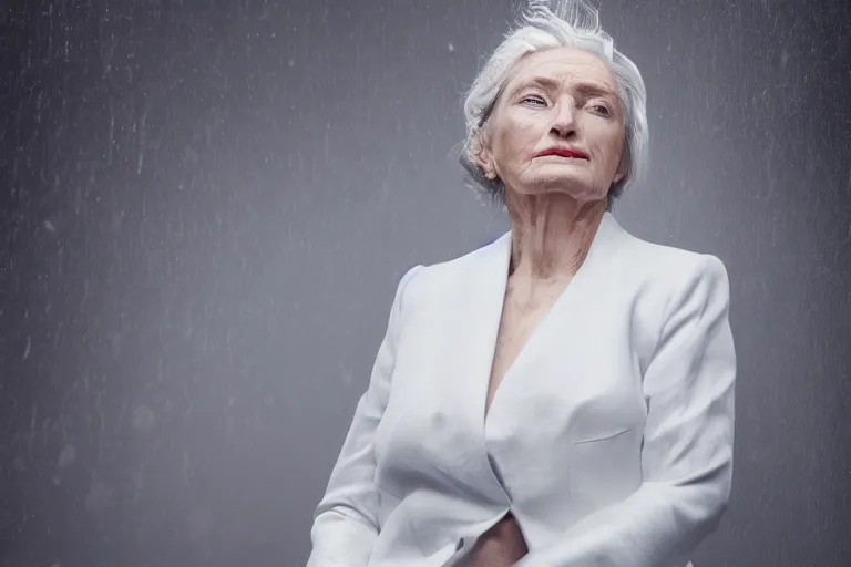 Image similar to a realistic studio cinematic headshot portrait of an old beautiful woman on top of skyscaper, wearing futuristic white suit, ceo, 4 k, ultra realistic, dramatic lighting, rain, clouds, fog, vogue, fashion, magazine spread, by annie leibovitz