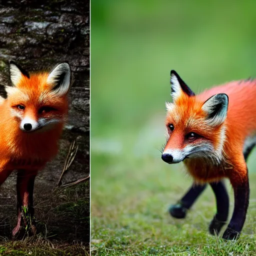 Prompt: A hamburger fox chimera. Nature photography.