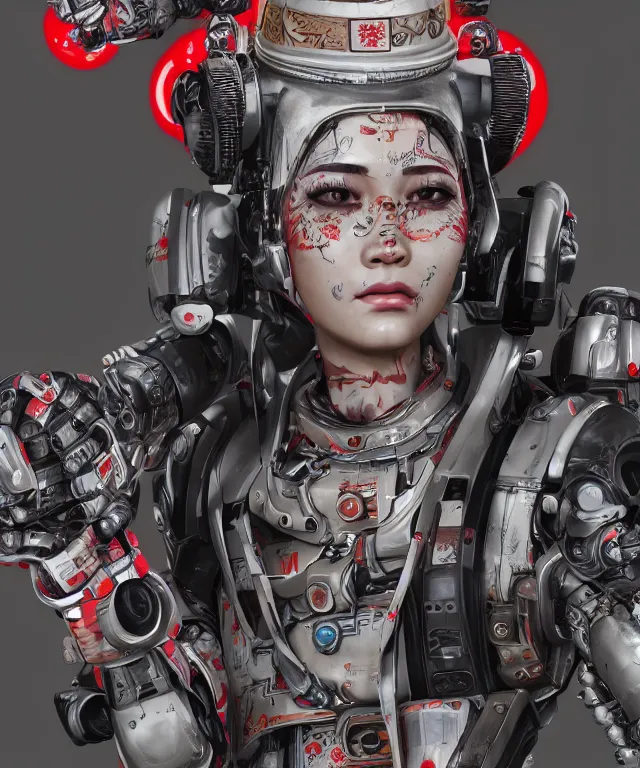 Image similar to an epic fantastic realism comic book style portrait painting of a japanese robotic geisha with kanji tattoos and decals, apex legends, octane render, intricate detail, 4 k hd, unreal engine 5, ex machina, irobot